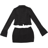 Summer Sexy Slim Fit Zipper Long-Sleeved Top High Waist Bodycon Short Skirt Two Piece Set