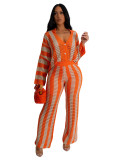 Women's Autumn Winter Sexy Long Sleeve Hollow Sweater Knitting Pants Two-Piece Set