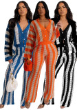 Women's Autumn Winter Sexy Long Sleeve Hollow Sweater Knitting Pants Two-Piece Set