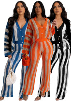 Women's Autumn Winter Sexy Long Sleeve Hollow Sweater Knitting Pants Two-Piece Set
