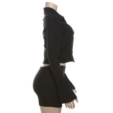 Summer Sexy Slim Fit Zipper Long-Sleeved Top High Waist Bodycon Short Skirt Two Piece Set