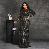 Plus Size Women's Long Sleeve Round Neck Formal Party Sexy Sequin Evening Dress