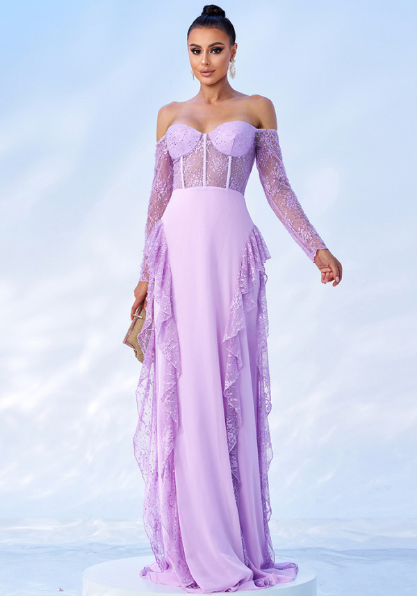 Long Sleeve Off Shoulder Meshchiffon Formal Party Evening Gown Long Bridesmaid Dress