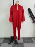 Women V-Neck Lantern Sleeve Slit Shirt and Pants Two-Piece Set