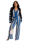 Women's Autumn Winter Sexy Long Sleeve Hollow Sweater Knitting Pants Two-Piece Set