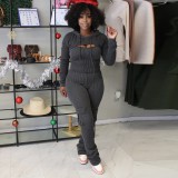 Autumn Winter Solid Color Long Sleeve Hooded Top Sexy Strap Slim Jumpsuit Two-Piece Set