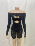 Fashionable Women's Off Shoulder Lace Hollow Sexy Short Jumpsuit