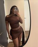 Fashionable Women's Solid Color Slash Shoulder Slim Short Skirt Two Piece Set