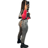 Women's Embroidered Flame Patchwork Leather Jacket