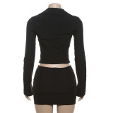 Summer Sexy Slim Fit Zipper Long-Sleeved Top High Waist Bodycon Short Skirt Two Piece Set
