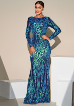 Long Sleeve Round Neck Sequin Mesh Formal Party Evening Gown Long Bridesmaid Dress