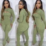 Autumn Winter Solid Color Long Sleeve Hooded Top Sexy Strap Slim Jumpsuit Two-Piece Set