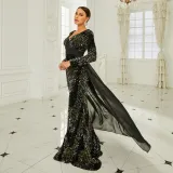 Long Sleeve V Neck Sexy Sequin Formal Party Evening Gown Long Bridesmaid Dress