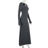 Autumn Solid Color Square Neck Long Sleeve Slim Women Long Dress