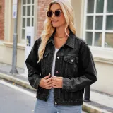 Women Washed Crop Long Sleeve Denim Jacket