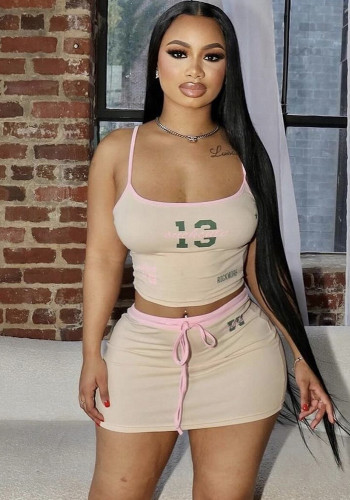 Women Summer Elastic Sexy Suspender Vest and Lace-up Skirt Two Piece Set