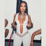 Women Summer Sexy Halter Neck V-neck Backless Lace Hollow Jumpsuit