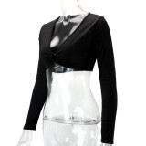 Women Sexy Hollow Long Sleeve V-neck Rib Top