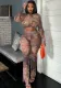 Women Printed Sexy Round Neck Long Sleeve Top and Pants Casual Two Piece Set