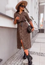 Women Autumn Leopard Print Turndown Collar Loose Casual Shirt Dress