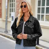 Women Washed Crop Long Sleeve Denim Jacket