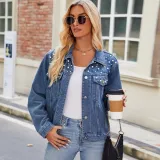 Women Washed Crop Long Sleeve Denim Jacket