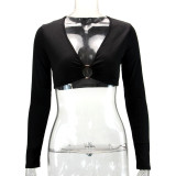 Women Sexy Hollow Long Sleeve V-neck Rib Top