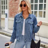 Women Washed Crop Long Sleeve Denim Jacket