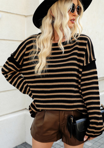 Women Striped Knitting Loose Bat Long Sleeve Sweater
