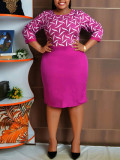 Plus Size Women Print Round Neck Bodycon Dress