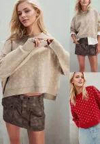 Women Round Neck Knitting Heart Print Sweater