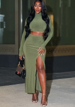 Women Autumn Long Sleeve Top and Slit Skirt Two Piece Set