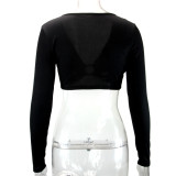 Women Sexy Hollow Long Sleeve V-neck Rib Top