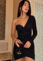 Women Autumn Sexy One Shoulder Long Sleeve Gathered Bodycon Dress