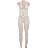 Women Summer Sexy Halter Neck V-neck Backless Lace Hollow Jumpsuit