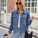 Women Washed Crop Long Sleeve Denim Jacket