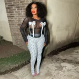 Sexy Spot Print Bow Nightclub Mesh Top Split Trousers Two-Piece Set