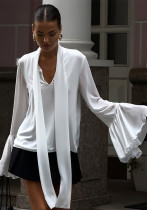 Women's Solid Color Bell Bottom Long Sleeve V-Neck Tie Elegant Top