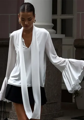 Women's Solid Color Bell Bottom Long Sleeve V-Neck Tie Elegant Top