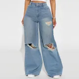 Autumn Winter Ripped Wide-Leg Denim Pants