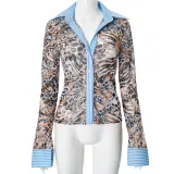 Women's Leopard Stripes Print Turndown Collar Long Sleeve Shirt