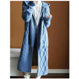 Women Long Loose Cardigan Hooded Twisted Sweater Coat