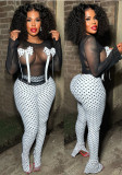 Sexy Spot Print Bow Nightclub Mesh Top Split Trousers Two-Piece Set