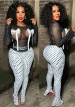 Sexy Spot Print Bow Nightclub Mesh Top Split Trousers Two-Piece Set