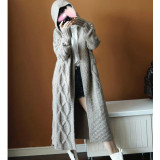 Women Long Loose Cardigan Hooded Twisted Sweater Coat