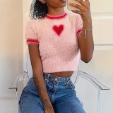 Autumn Winter Fashion Heart-Shaped Top Round Neck Pullover Slim Knitting Crop Sweater