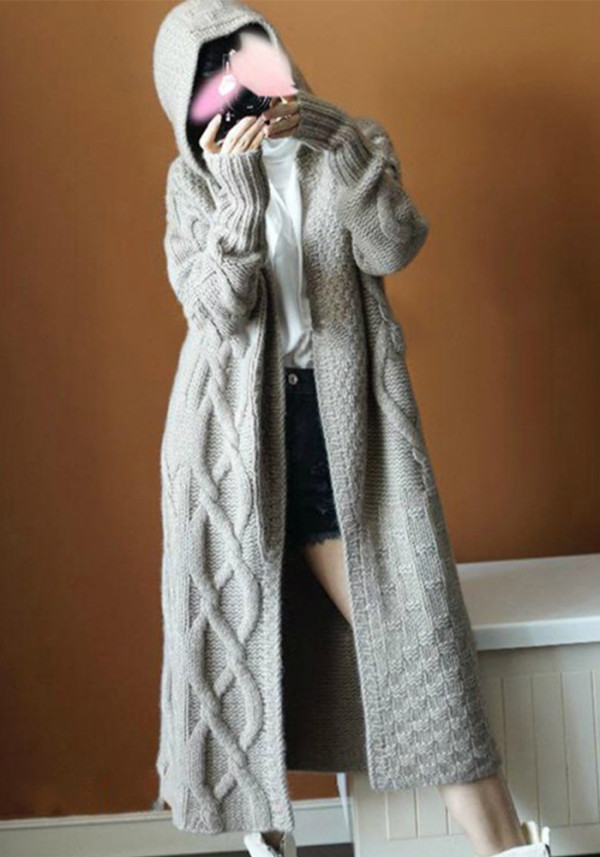 Women Long Loose Cardigan Hooded Twisted Sweater Coat