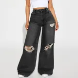 Autumn Winter Ripped Wide-Leg Denim Pants