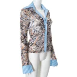 Women's Leopard Stripes Print Turndown Collar Long Sleeve Shirt