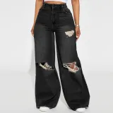 Autumn Winter Ripped Wide-Leg Denim Pants